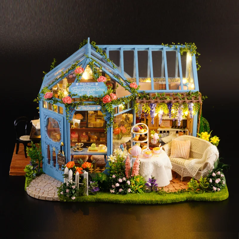 DIY Dollhouse Casa Miniature Furniture With LED Kit Rose Garden Wooden Doll Houses Assembled Toy Children Christmas Gift