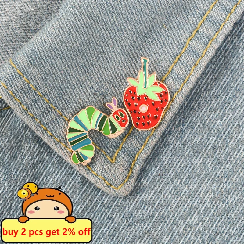Caterpillars and Strawberry Cartoon Pins Fruit Brooches Enamel Pins Lapel Pin Couple Funny Cute Jewelry Gifts for Kids Wholesale