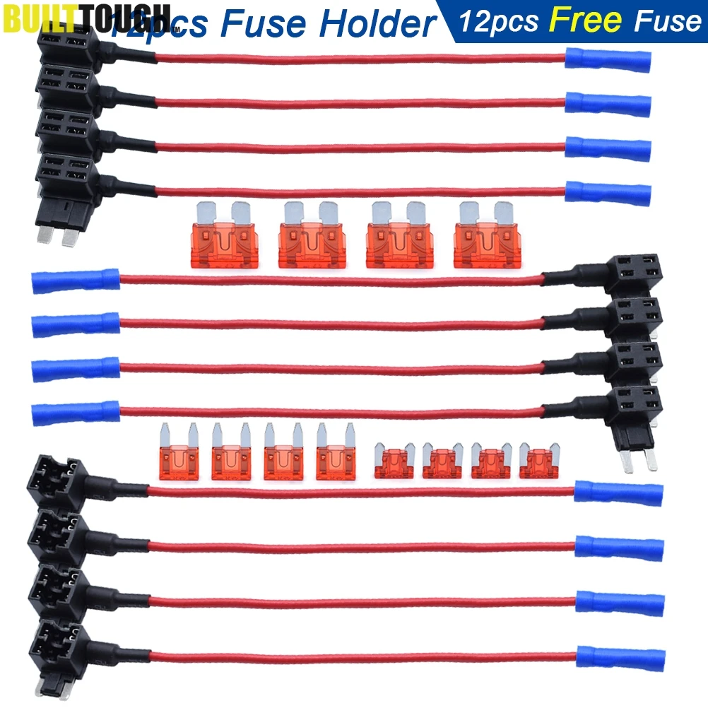 12pcs 12V Car Blade Fuse Holder Add A Circuit TAP Adapter Micro Mini Standard ATM APM Auto Fuses 10 AMP Truck Van SUV Fuse Wire