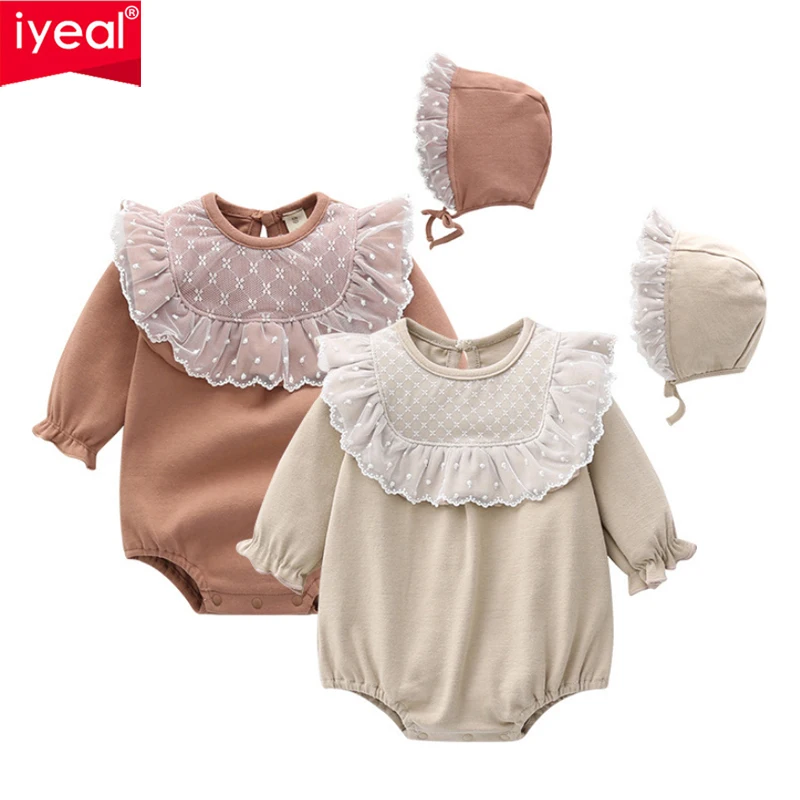 

Princess Kids Baby Clothing Newborn Bodysuit With Hat Baby Girl Clothes Cotton Jumpsuit Lace Outfits Solid Children's Clothes