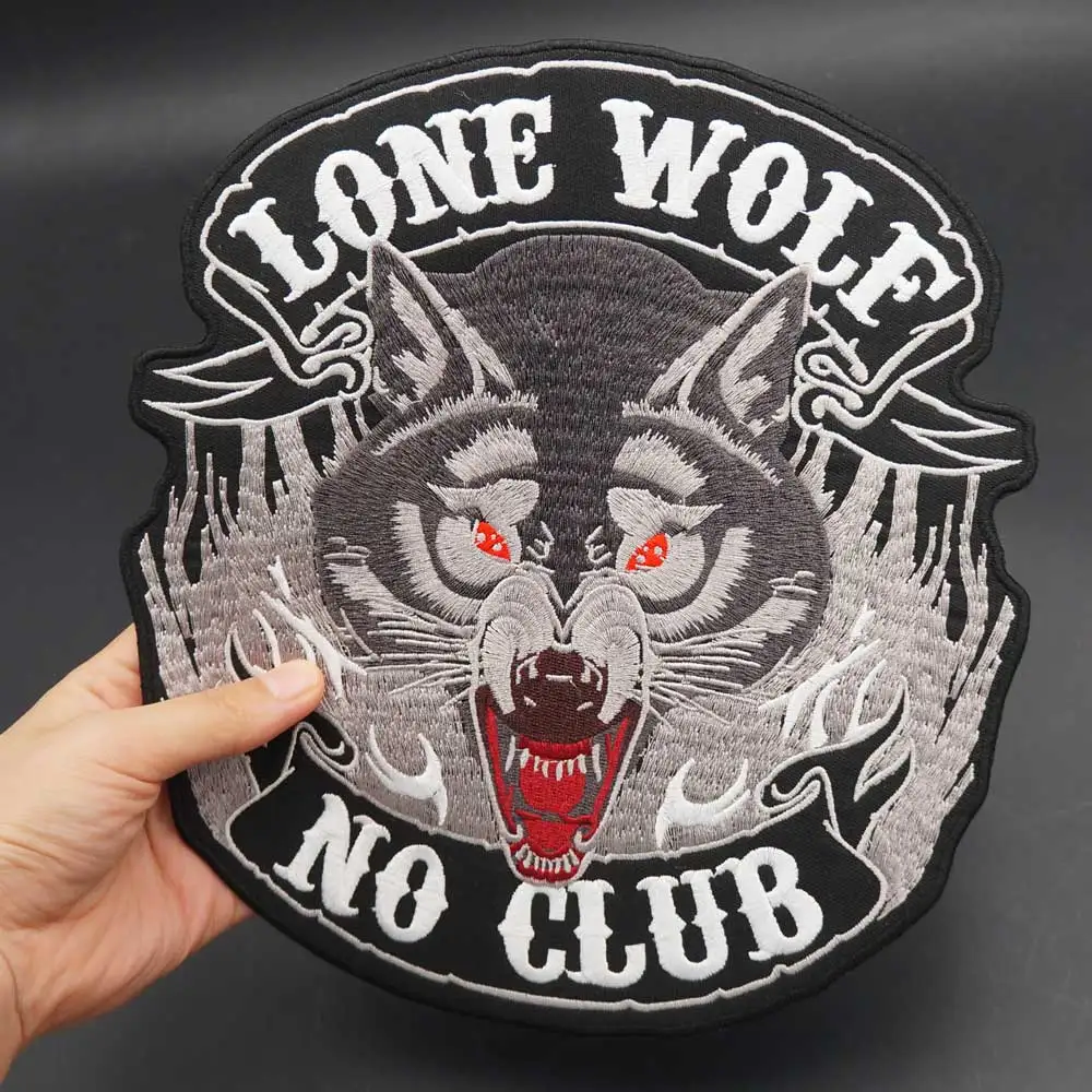 Lone Wolf No Club Patch da motociclista Punk con ricamo di grandi dimensioni per borse per cappelli di abbigliamento ferro sul retro