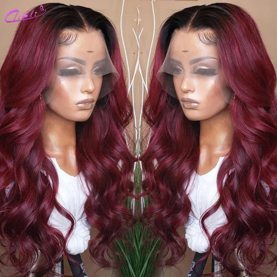 1B 99J/parrucca anteriore del merletto bordeaux parrucche colorate dei capelli umani dell\'onda del corpo per le donne parrucche frontali del