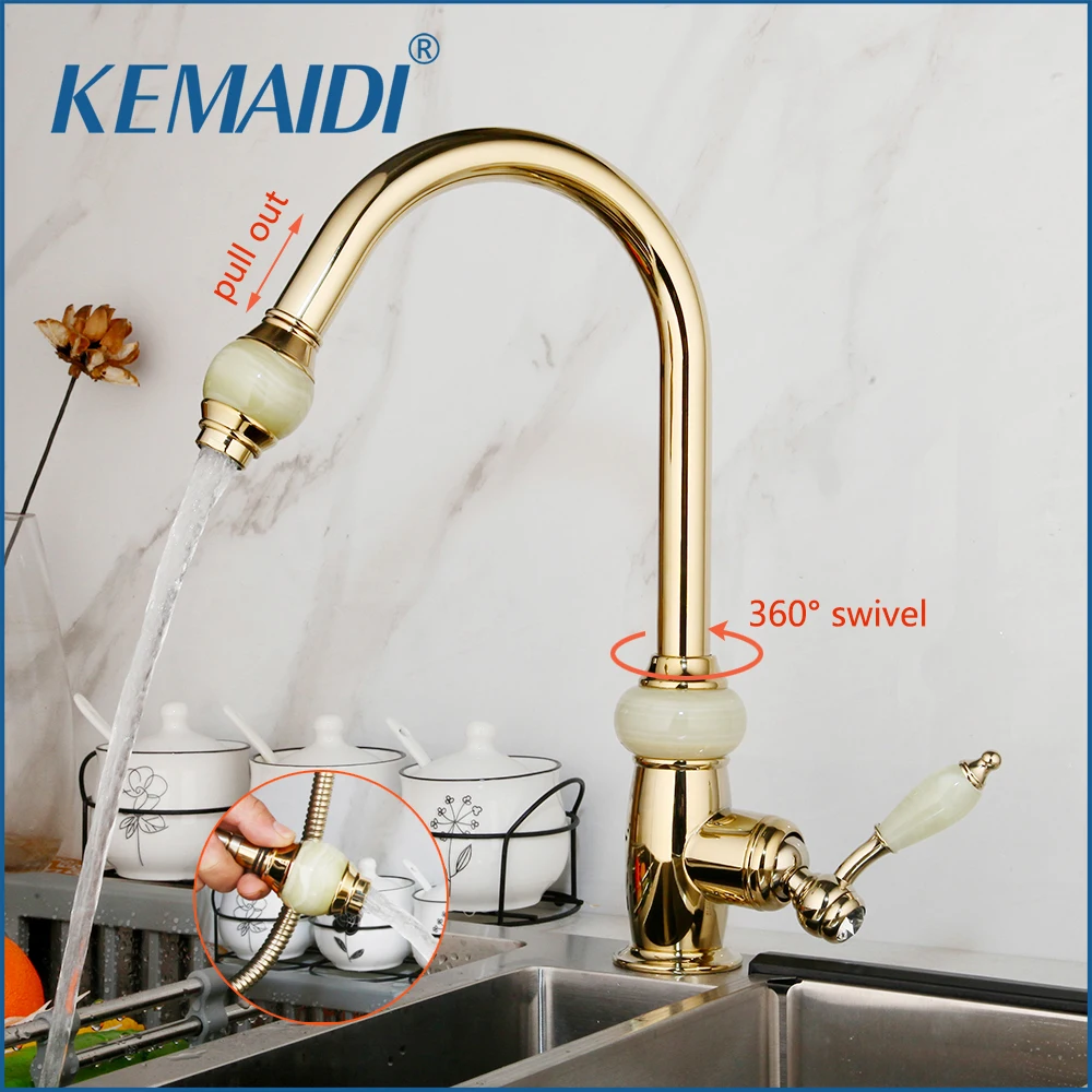 

KEMAIDI Gold Kitchen Sink Faucet W/ Jade Handle Pull Out Kitchen Faucets 360 Swivel Spout Hot Cold Mixer Tap Deck Mounted Crane