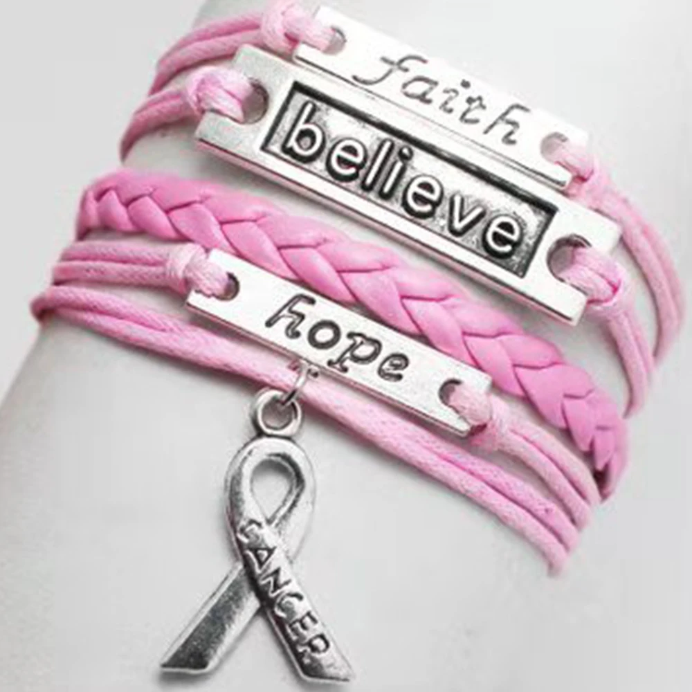 50pcs/lot  Pray for Breast Cancer Sucks Awareness Fighter Souvenir Pink Love Faith Believe Hope Ribbon Leather Bracelets