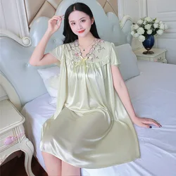 New Women's Champagne Sleepwear Nightgowns Nightwear Sexy Night Dress Nightie Sleeping Home Dress Gown Silk Satin Vintage Sexi