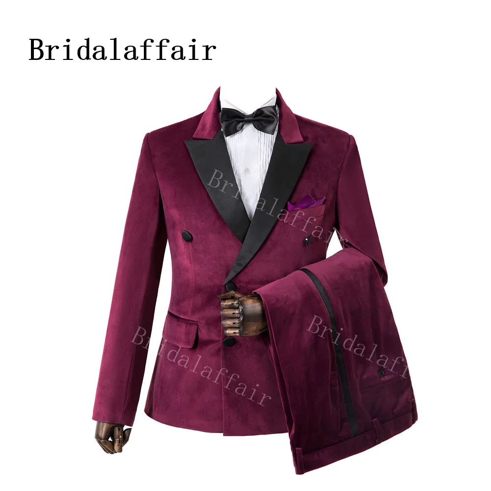 

Bridalaffair Men's Winter Burgundy Velvet Suit Regular Fit Elegant Wedding Prom Tuxedos for Men 2 Pieces Blazer Pant Costume