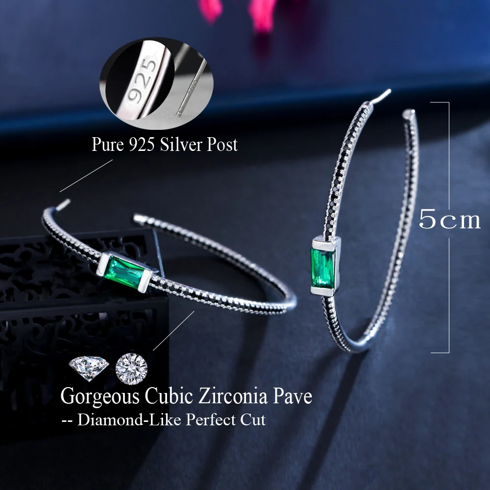 CWWZircons Neue trendige, große, dünne, runde Creolen mit schwarzen und grünen Zirkonia-Steinen für Damen, Party-Schmuck, Großhandel E0761 – Detail 2