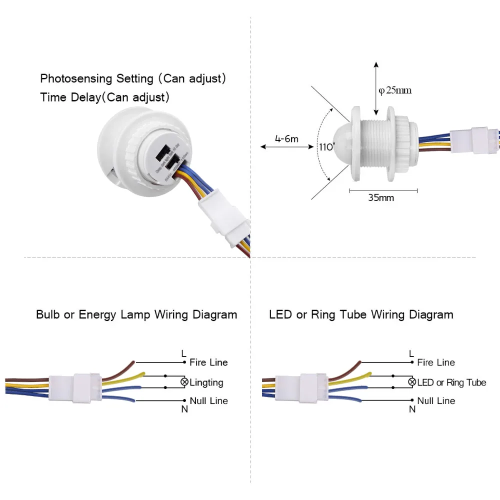 100-240V Adjustable Time Delay  Mini Home Light Sensor LED PIR Infrared Motion Sensor Switch Mode Detector Light Switch