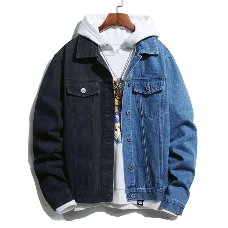 

Men Streetwear Black Blue Two-tone Patchwork Slim Fit Jean Jackets Motorcycle Man Hip hop Cotton Casual Denim Jackets Coats