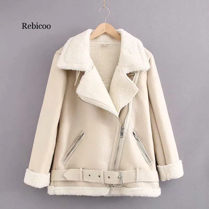 Rebicoo Leather Jacket Women Winter Lamb Wool Turn-down Fur Collar Long Sleeve PU Moto Zipper Keep Warm Thick Coat