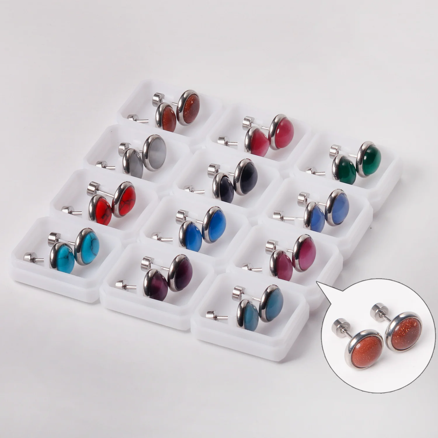 12 Pairs 316L Stainless Steel Round Opal Earring Bijoux Female Vintage Jewelry 10mm Screw Back Stud Earrings Wholesale Party