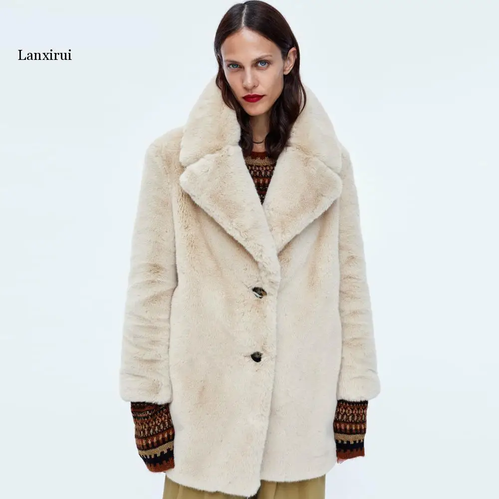 Mid-Length  Fur Coat Female Winter Fashion New Imitation Rex Rabbit Fur Lapel Long-Sleeved Warmth Loose Fur Coat