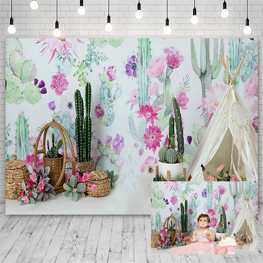 

Avezano Birthday Party Photography Background Pink Flower Cactus Girl Cake Smash Backdrop Photo Studio Photocall Photozone Decor