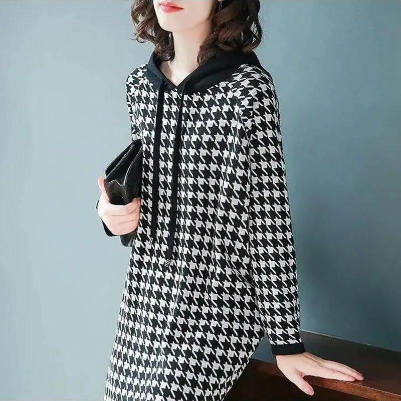 6XL Women\'s Dress 2024 Autumn Summer New Fashion Houndstooth Hooded Sweater Hoodie Dresses Winter Long-Sleeved Base Dress Female