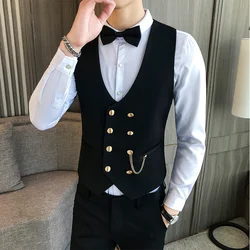 Mens Vest Double-breasted Waistcoat Male Prom Party Disco Waiter Clothes Casual Slim Fit Dress Vest For Men Tuxedo Gilet Homme