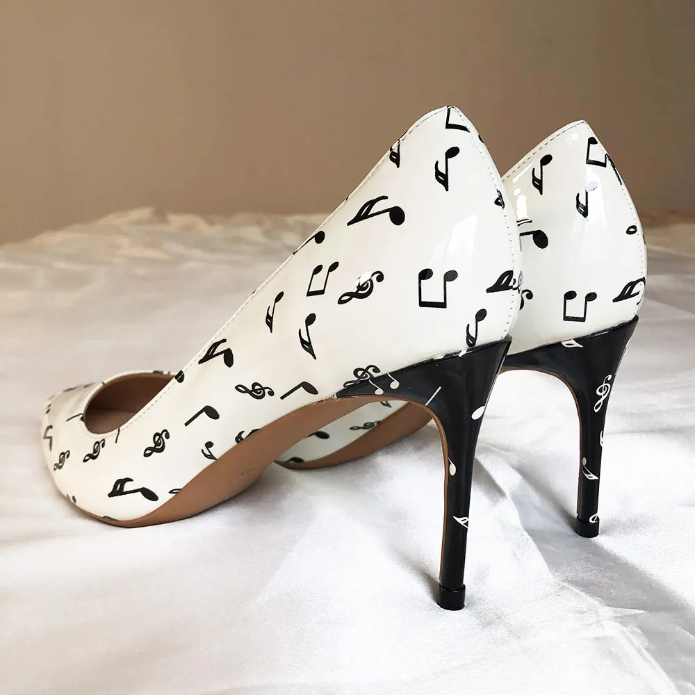 Veowalk Music Symbols Printed Women Stiletto High Heels Slip On Pointy Toe Patent Leather Pumps Cute Ladies Formal Dress Shoes