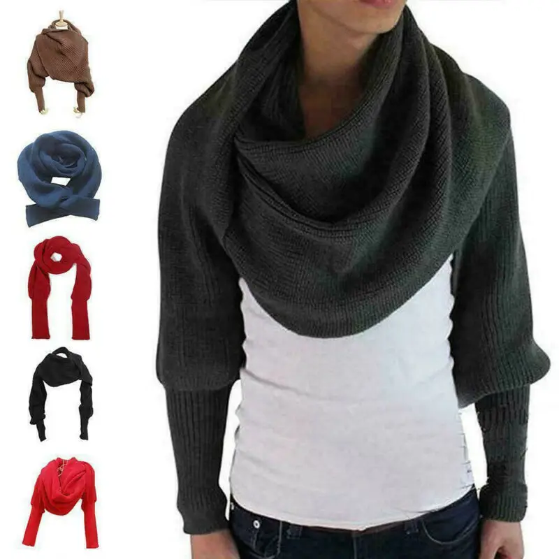 Unisex Winter Women Men Soft Warm Knitted Solid Sweater Scarf With Sleeve Wrap Shawl Scarves 240 x 50cm