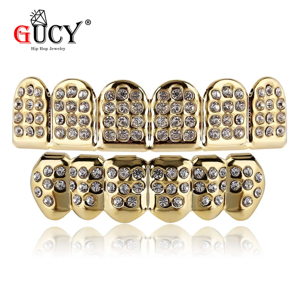 GUCY Hip Hop Teeth Grills Top & Bottom Iced Out Bling Grillz Dental Shiny Mouth Caps Party Vampire Tooth Jewelry