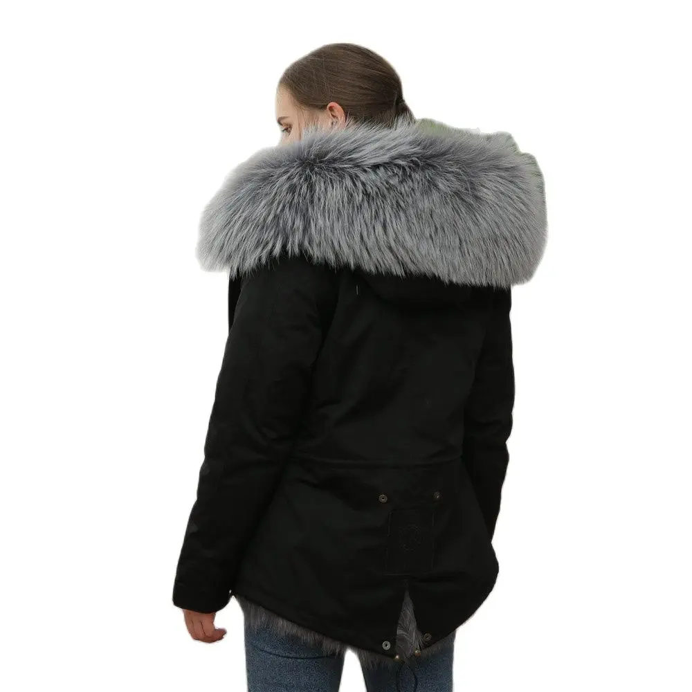 Plus Size Thick Warm Coat Grey Fox Fur Lined Parka Short Fur Clothes Women Fashion Overcoat