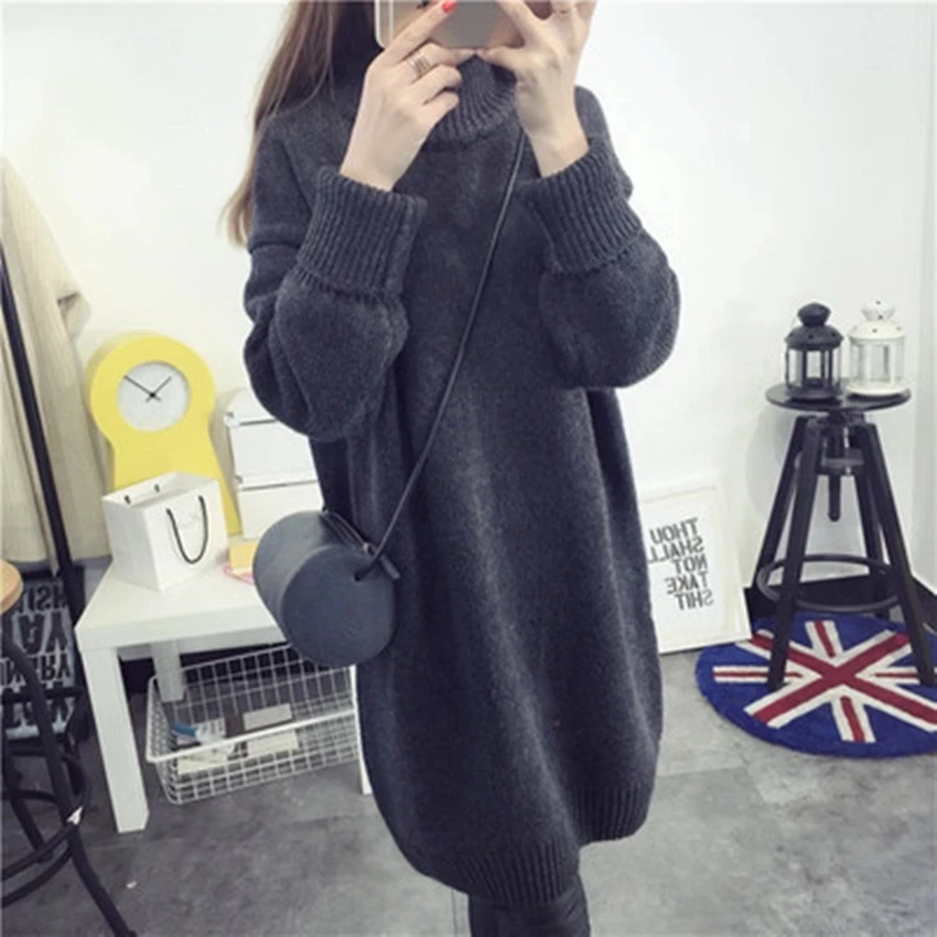 YOOAP Autumn and winter long maternity dress high collar solid color thickening hood loose large sweater pregnant women dress