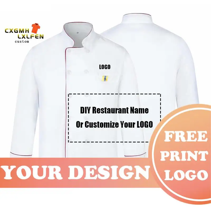 Personalizza LOGO fai-da-te stampa Chef uniforme cucina panetteria caffè servizio di ristorazione manica lunga traspirante cuoco indossare cameriere giacca tuta