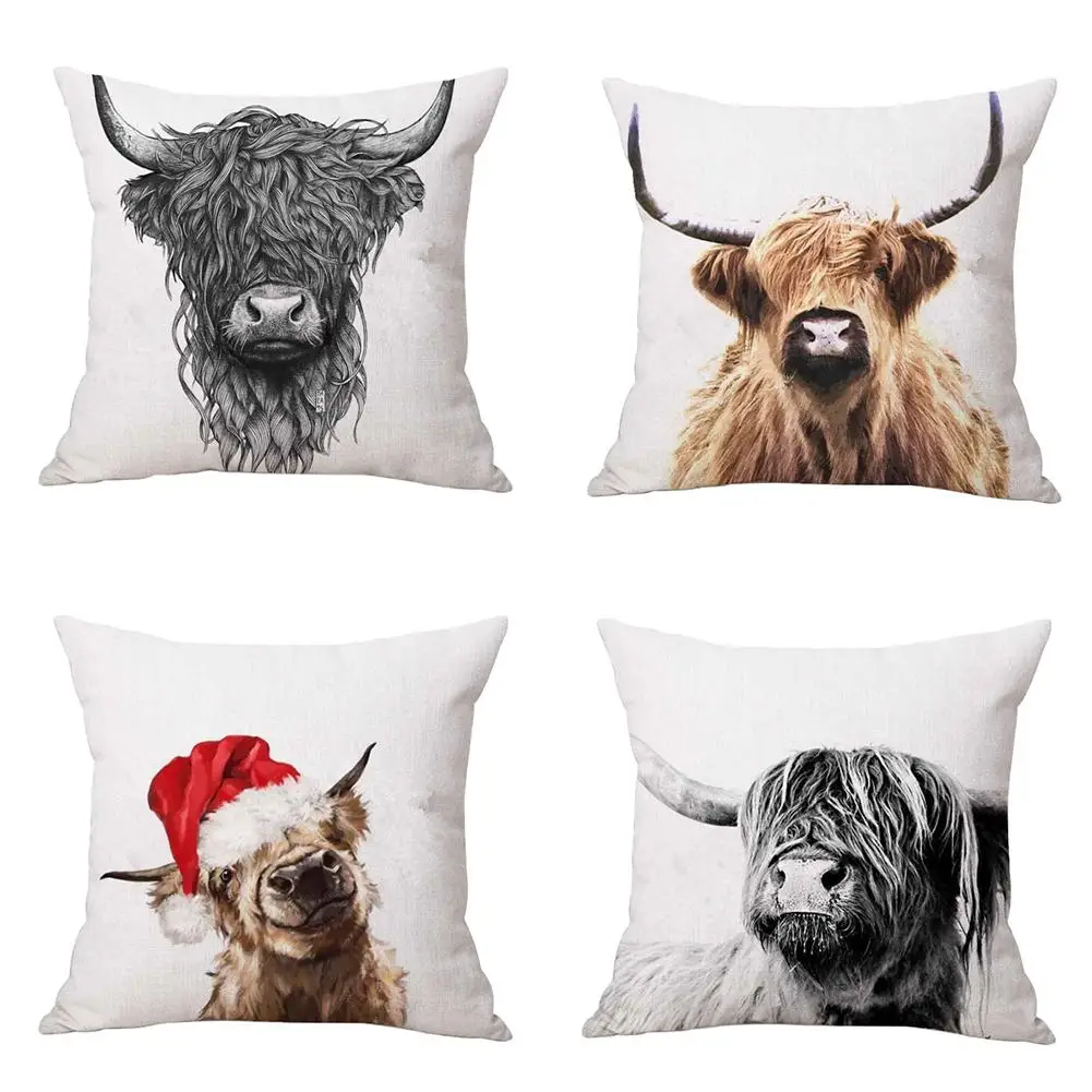 Highland Cow Cattle Cotton Linen Pillow Cushion Cover Pillow Case Home Sofa Throw Pillow Cover Bed Car Decor 45X45CM