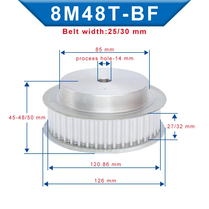 Belt Pulley 8M-48T/50T/52T/54T Slot Width 27/32mm pulley wheel rough hole 14 mm Aluminum Material For Width 25/30mm Timing Belt