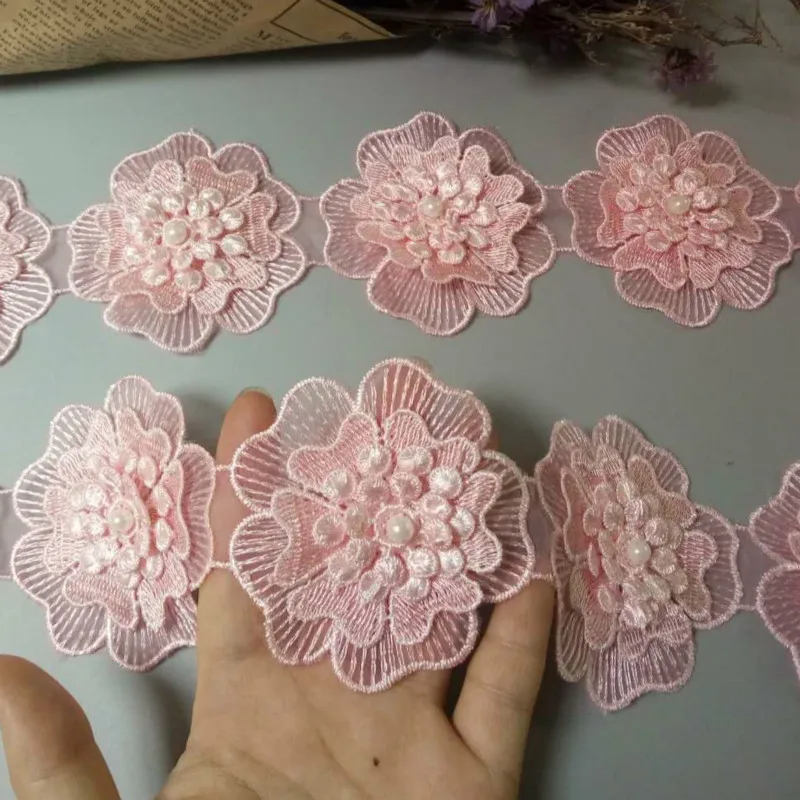 12X Vintage Rosa poliéster perla flor bordado encaje cinta tela hecha a mano DIY ropa vestido de boda artesanía de costura