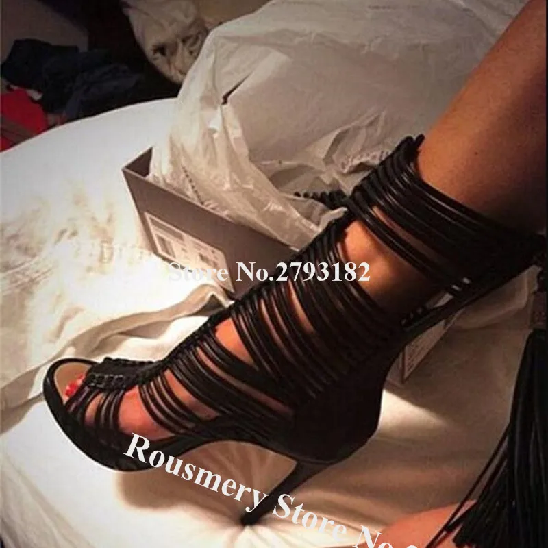 

Western Fashion Open Toe Thin Straps Stiletto Heel Gladiator Sandals White Black Beige Tassels High Heel Sandals Club Shoes