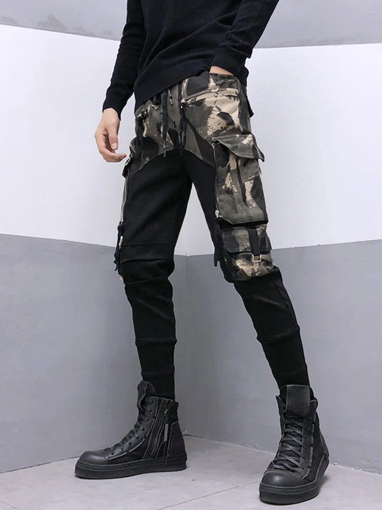 Frete grátis masculino moda europeia americano calças personalidade camuflagem costura fino pés harem calças macacão