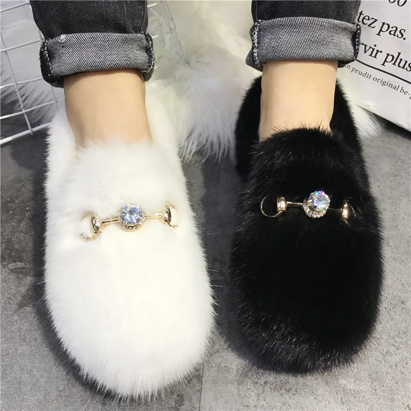 

White Mink Fur Women Flat Shoes Crystal Decor Casual Moccasins Espadrilles Ladies Flats Winter Warm Furry Loafers Driving Shoes