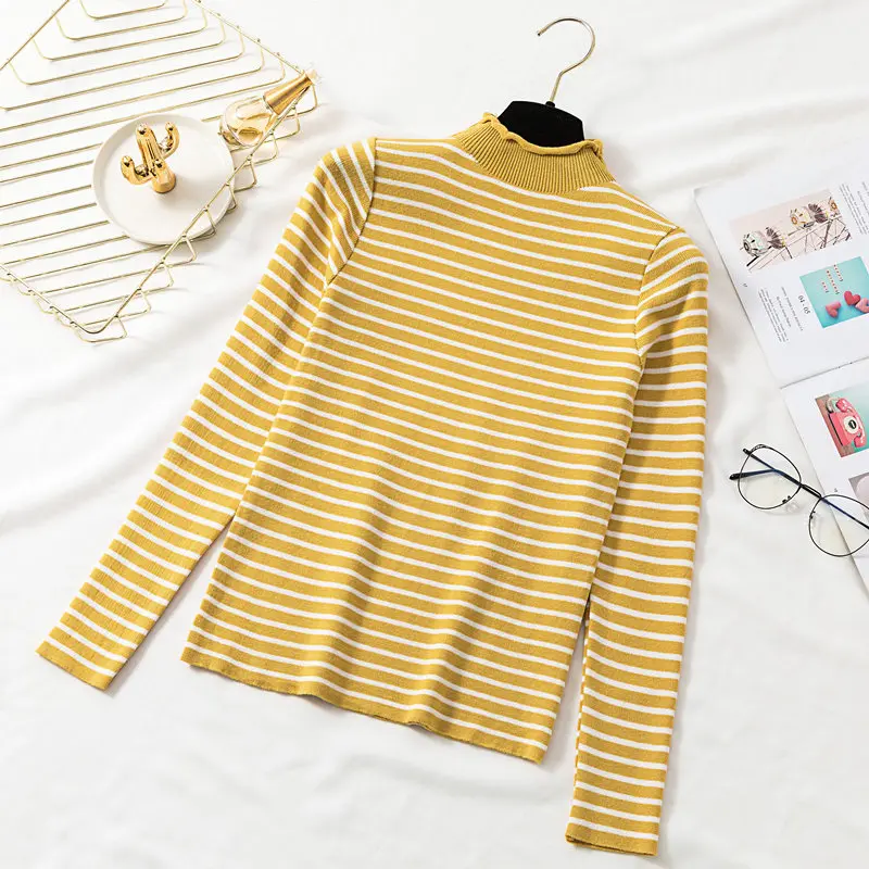 Fashion Striped Half Turtleneck Women Sweaters Korean Style All-matched Knitted Tops New Autumn Winter Pullover Sweaters