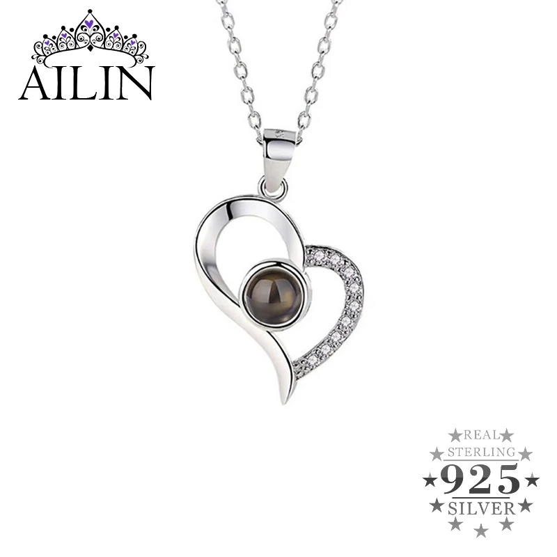 AILIN Customized Silver 925 Photo Projection Necklace for Women Heart Shape Custom Picture Pendant Necklace Lovers Gifts