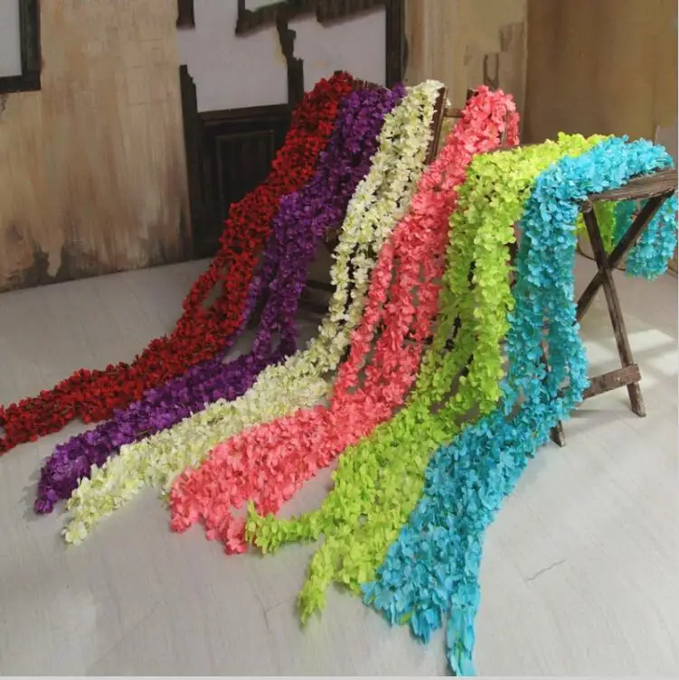 100Pcs/lot 200 cm White Simulation Hydrangea Flower Artificial Silk Wisteria Vine for Wedding Home Decoration free shipping