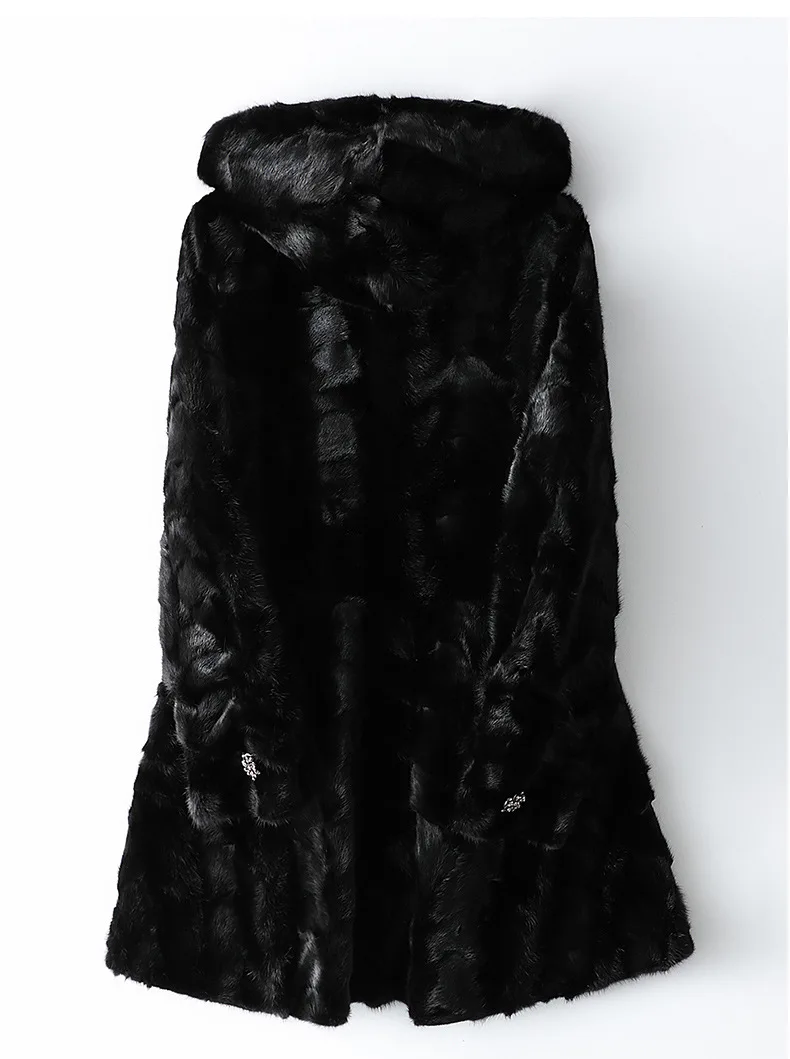 Luxury Genuine Mink Fur Coat Jacket with Hoody Slim Belt Winter Genuine Women Fur Outerwear Plus Size 3XL 4XL 5XL