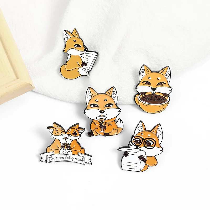 Fox Reading Newspaper Cartoon Animal Jewelry Brooch Cute Drinking Coffee Book Brooches Badges Lapel Pins