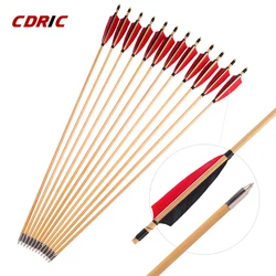 6/12/24 Pcs Traditional Wooden Arrow Handmade With Red 5-inch Shield Turkey Feather for Longbow Outdoor Archery Hunting Shooting