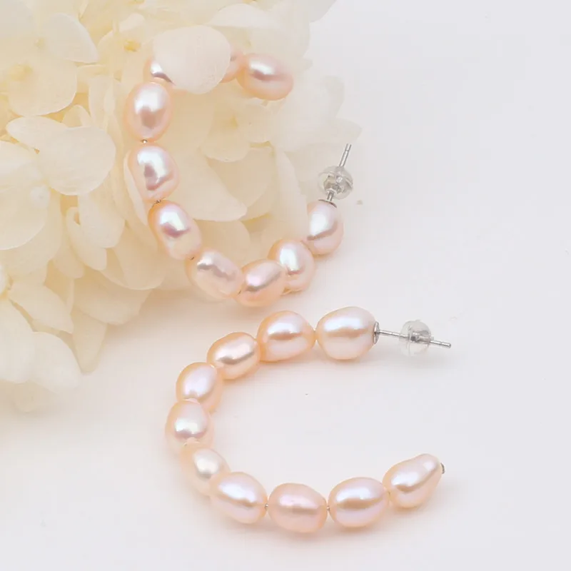 chic women safe solid 925 sterling silver C shape genuine natural baroque pearl bead earring hoop bridal real pear