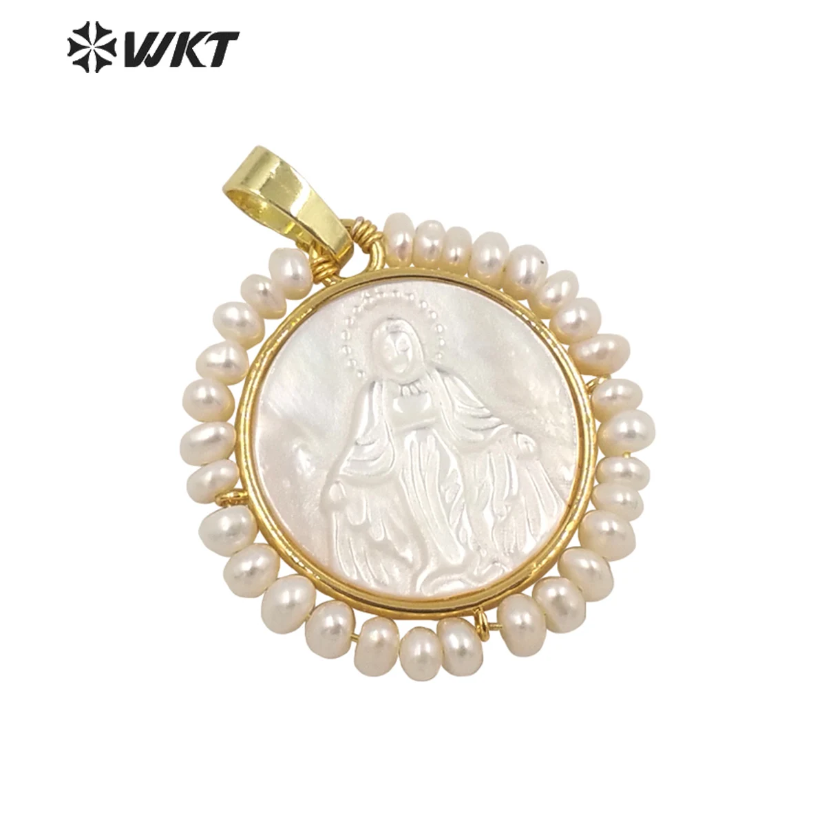 

WT-JP256 Newly designed Virgin Mary Shell Pendant Fashion Small Pearl Wrapped Gold Bezel White Round Amens Pendants Jewelry