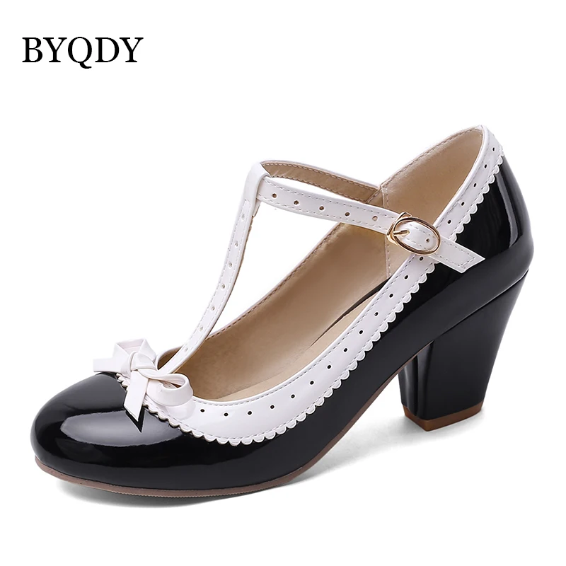 BYQDY Women Mary Jane Shoes Lolita High Heels Bow T-Strap Wedding Pumps Thick Heels Shoes Bridal Princess Footwear Plus Size 48