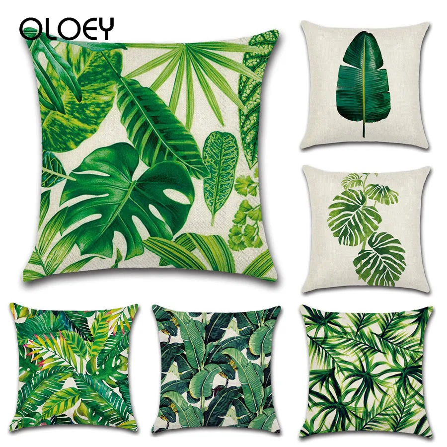 

African Tropical Plant Printing Waist Pillowcase Green Leaf Linen Pillowcase Chair Pillowcase Home Hotel Decorative Pillowcase