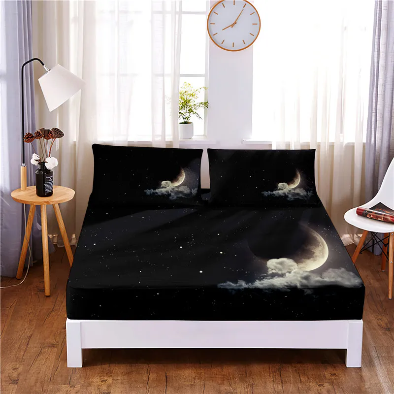 Moon Sky-sábana ajustable de poliéster con estampado Digital, cubierta de colchón de cuatro esquinas con banda elástica, fundas de almohada, 3 uds.