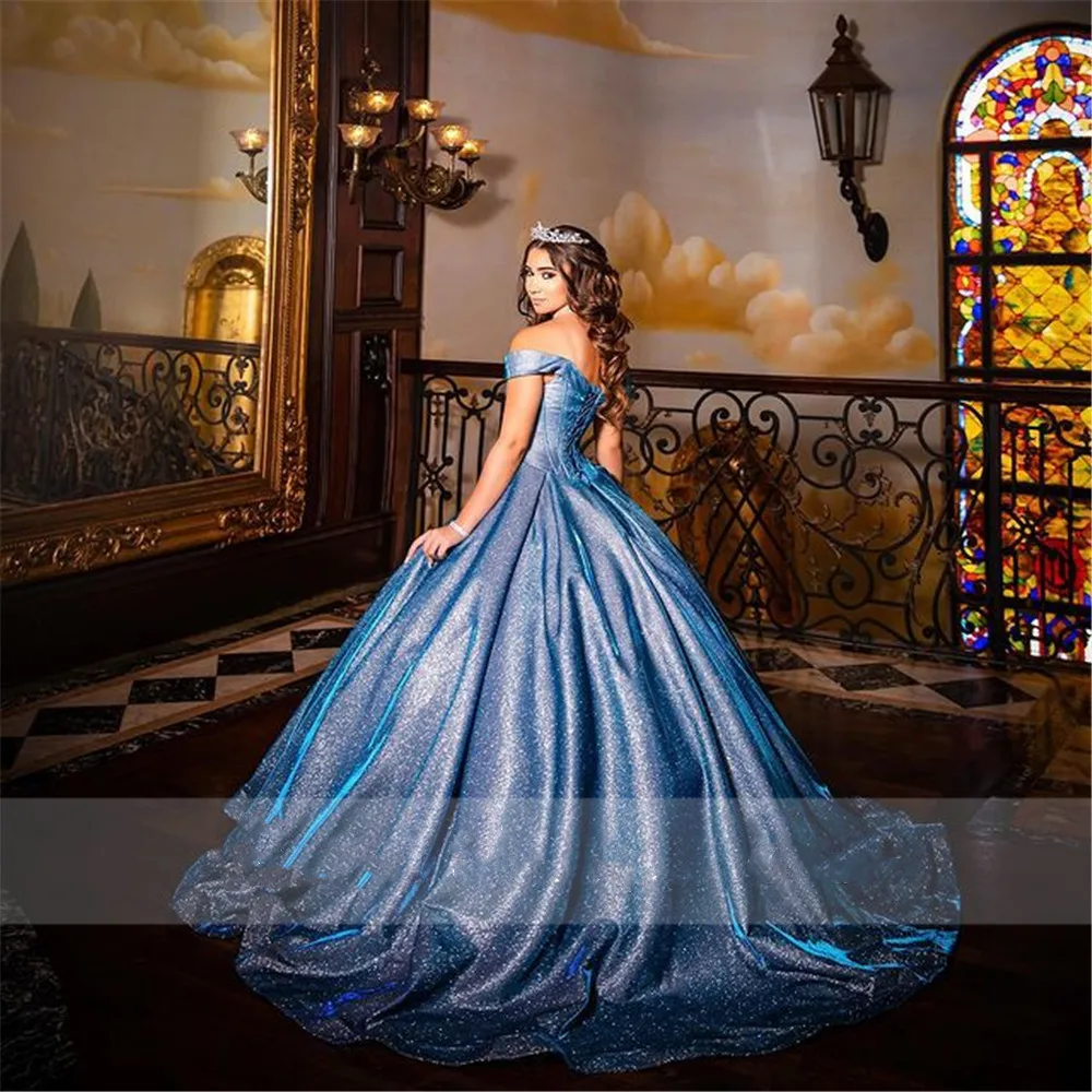 Świecące sukienki Quinceanera Off Shoulder Blue Satin formalne sukienki na przyjęcie Sweet 16 sukienka vestido de 15 anos 2021 bal studniówkowy suknie