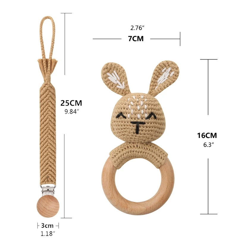 3Pcs/set Infants Shower Gift Baby Pacifier Chain Clip Beech Teether Wooden Teething Ring Newborn Crochet Animal Rabbite Rattle