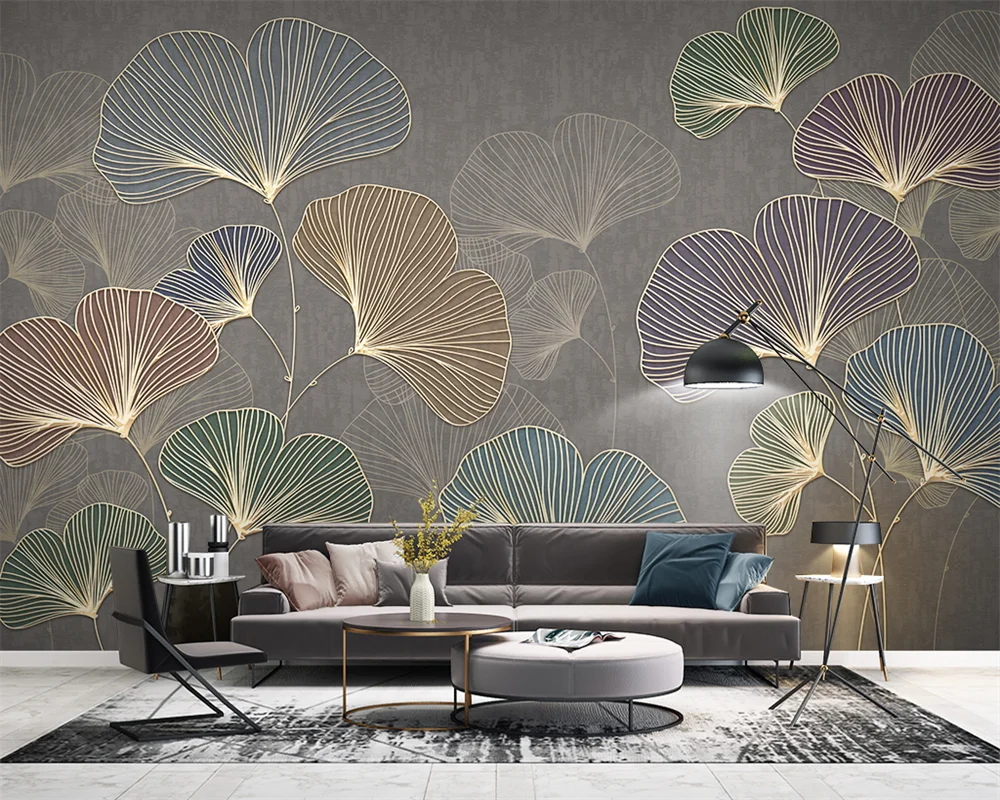 

Custom mural 3d modern minimalist light luxury line relief ginkgo leaf обои sofa background wall living room bedroom wallpapers