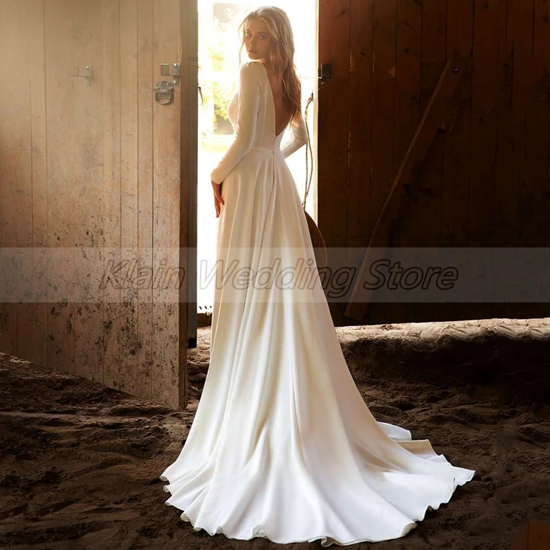 Vestido de casamento de manga longa profundo decote em v 2021 moda feito sob encomenda varredura trem uma linha jérsei vestidos de noiva sem costas