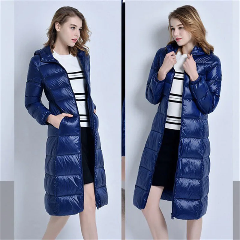 Jaqueta Puffer Longa e Quente para Mulheres, Nova Coleção Outono Inverno, Slim, Leve, Casaco de Pluma de Pato Branco, Parkas com Capuz