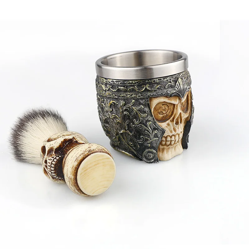 Professional Barber 2in1 Artistic Souvenir Skull Ornament Beard Cleaning Tool Foaming Soap Bowl And Shaving Brush Sets