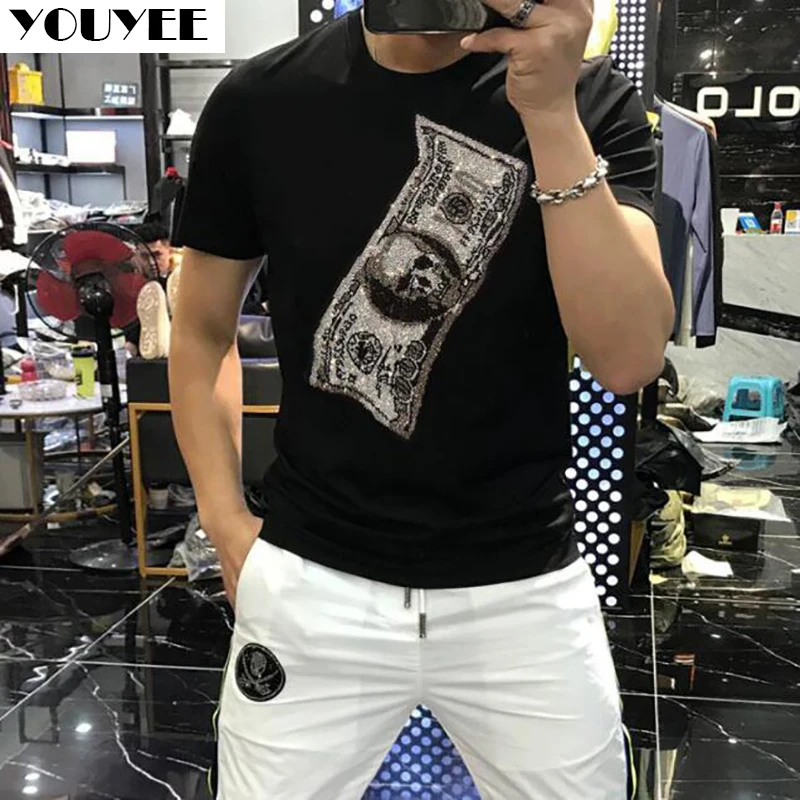 

Rhinestone Fit Short Sleeve T-shirt Men's Cotton Fashion Cool Bottoming Top 2021 Summer European Style Hip Hop Male Clothing 5XL