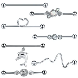 1PC Steel CZ Gem Industrial Barbell Earring Helix Piercings Long Bar Cartilage Scaffold Ear Stud Ring Piercings Body Jewelry 14G
